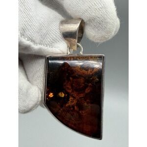 Large Baltic Amber Pendant 925 Sterling Silver Modernist Dark Cognac Amber 28g